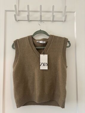 ZARA Taupe V-Neck Knit Cropped Vest